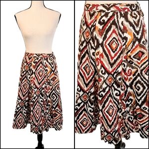 Covington Brown, Red & Cream Geometric Midi Skirt